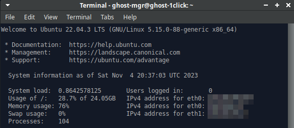 Linux terminal window showing the text "Welcome to Ubuntu 22.04" and system status information