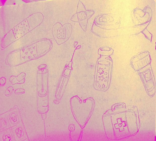 Pink-toned page of line drawings: bandages, syringes, pill bottles, etc with heart and star motifs