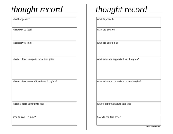 Document with the title "thought record" above a series of questions