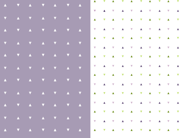Two patterns with repeating triangles: white triangles on lilac, and then green and purple triangles on white.